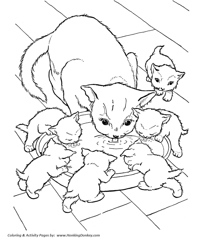 Cat Coloring page | Cat and kittens drinking milk