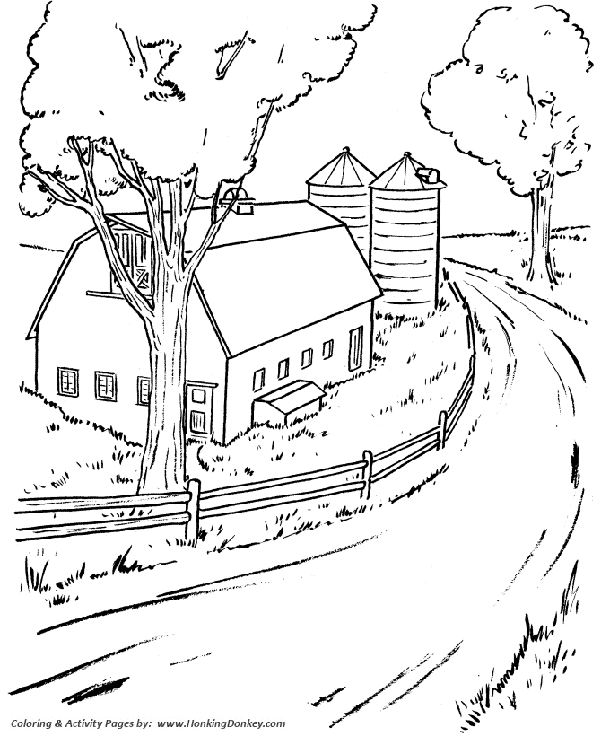 Farm Life Scene Coloring Pages | Printable Farm Barn And Silo Coloring