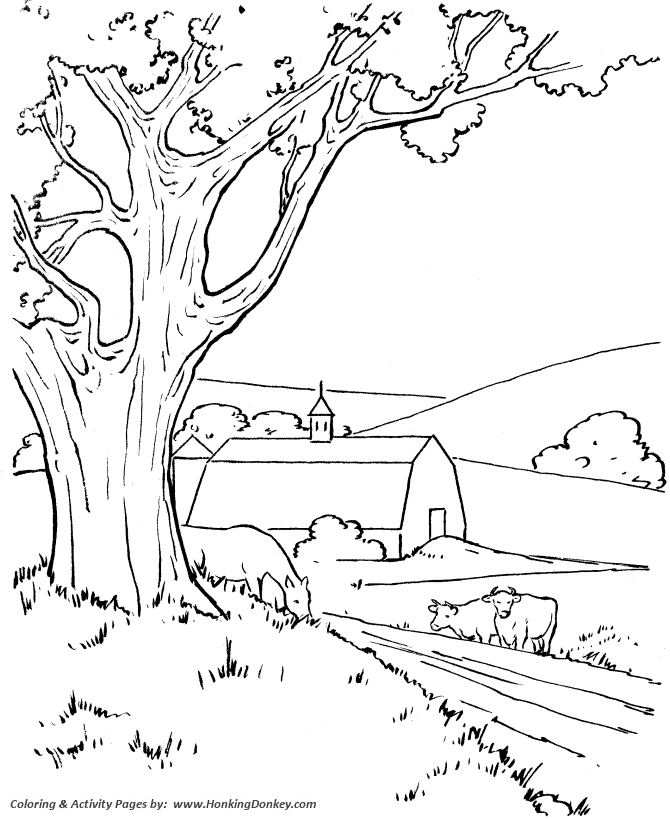 Farm Life Coloring Pages Farm barn and cows Coloring