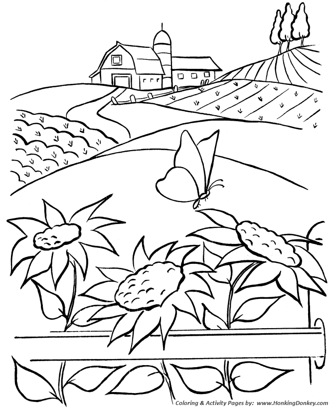 Farm scenes coloring page | Farm barn, sunflowers and a butterfly