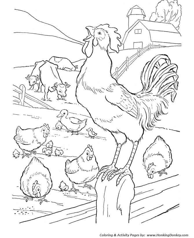 Farm scenes coloring page | Farm barn and a rooster farm scene
