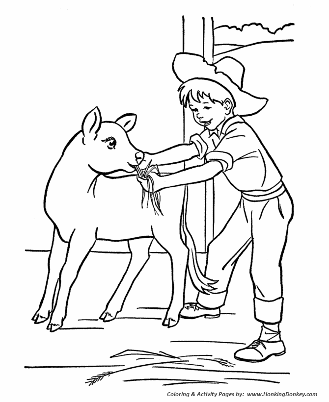 Farm Work and Chores Coloring Pages | Printable Boy feeding a new calf
