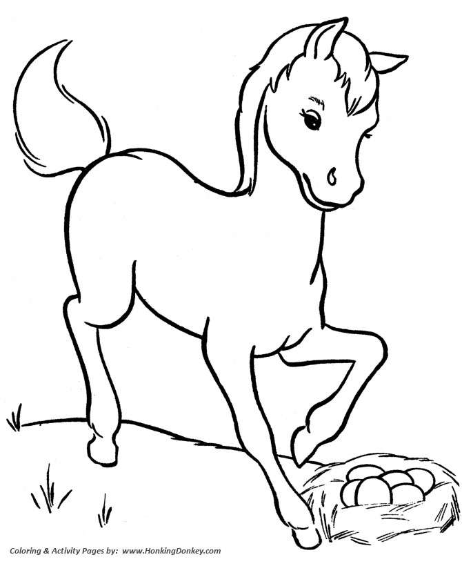 Horse coloring page | Young horse on the farm
