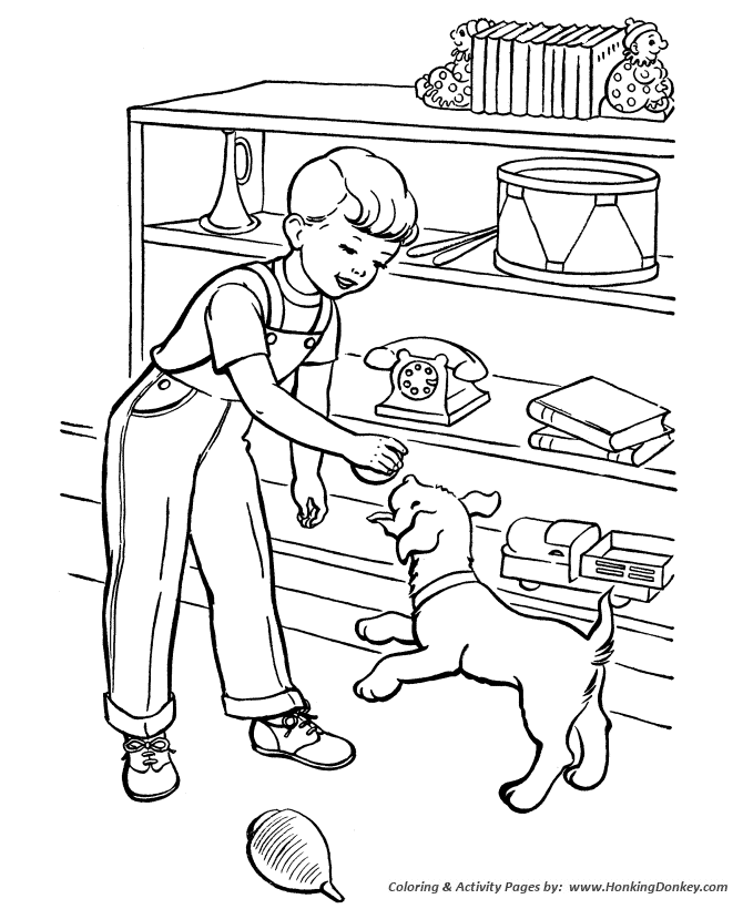 Boy and Dog play ball - Pet Dog Coloring page