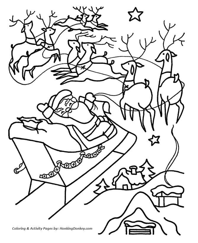 Christmas Santa Coloring Page Santa And The Reindeer Fly