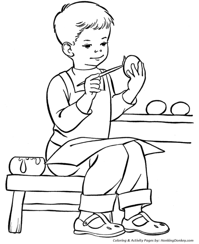 Easter Egg Coloring Pages - Boy Painting Easter Eggs 