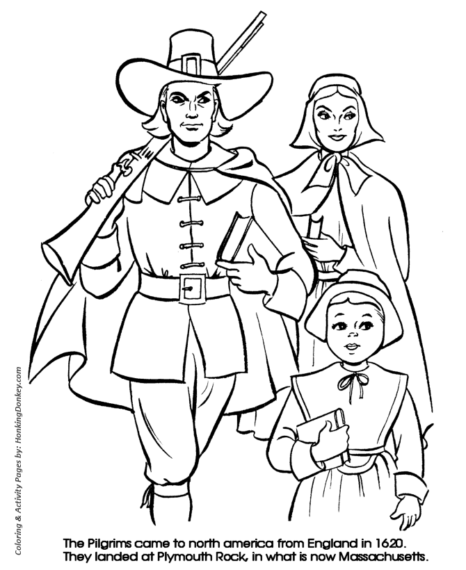 Thanksgiving Coloring Pages - Pilgrim Family Coloring Page Sheets