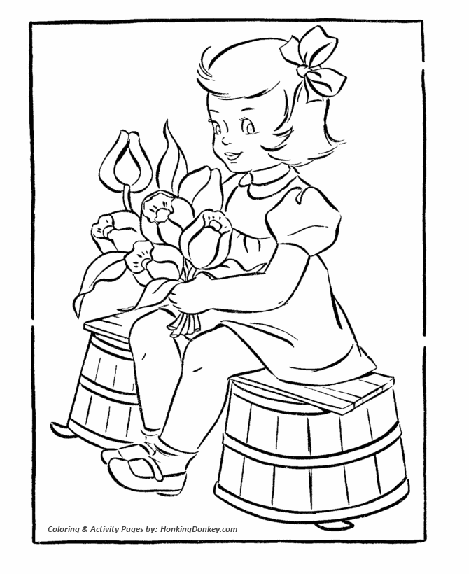 Valentine's Flowers Coloring Pages - Girl with a bouquet of Flowers